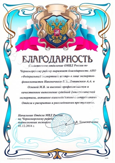 Благодарность руководителю подразделения АНО "СЭЦ" в Республике Крым