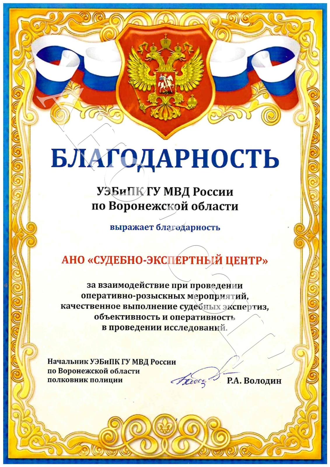 Благодарность УЭБиПК ГУ МВД России по ВО